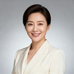 一位气质优雅的女士，穿着米白色职业套装，面带微笑，她是某国家级科研院所国际合作处主任的肖像照